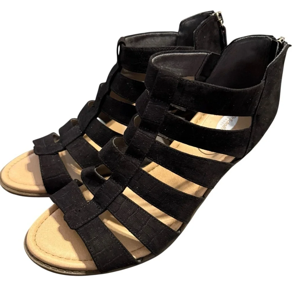 Dr. Scholl's Chaser Black Strappy Sandals 9.5M Block Heel‎ Comfort Zip